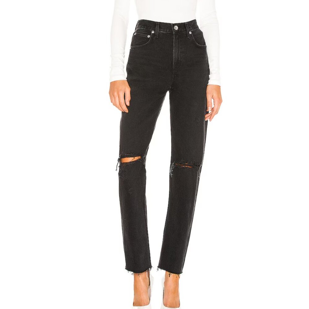 AGOLDE Cherie High Rise Distressed Straight Jeans in Black Size 24